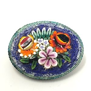 Vintage Micro Mosaic Raised Floral Oval Pin Brooch Purple Teal C Clamp